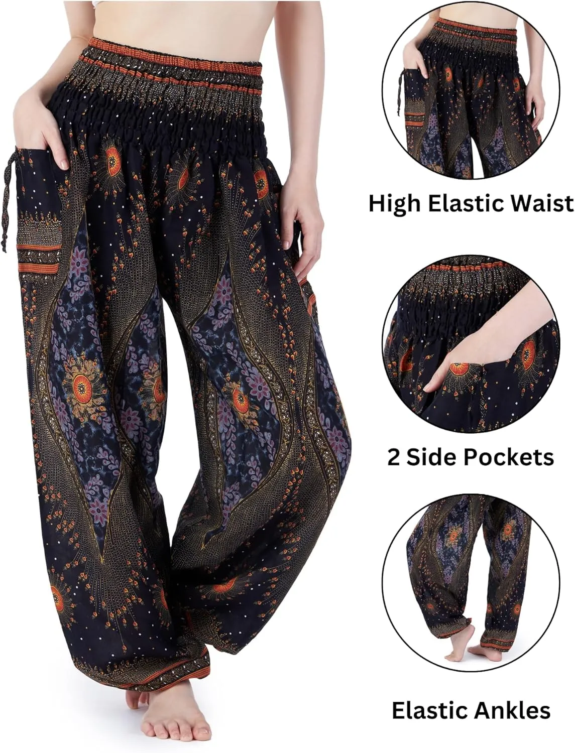 Lannaclothesdesign Women's Smocked Waist Boho Flowy Yoga Harem Pants Hippie Clothes