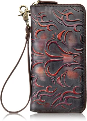 Large Zip Around Wallet for Women, Handmade Embossed Leather Credit Card Holder, Vintage Lady Wristlet Clutch Purse