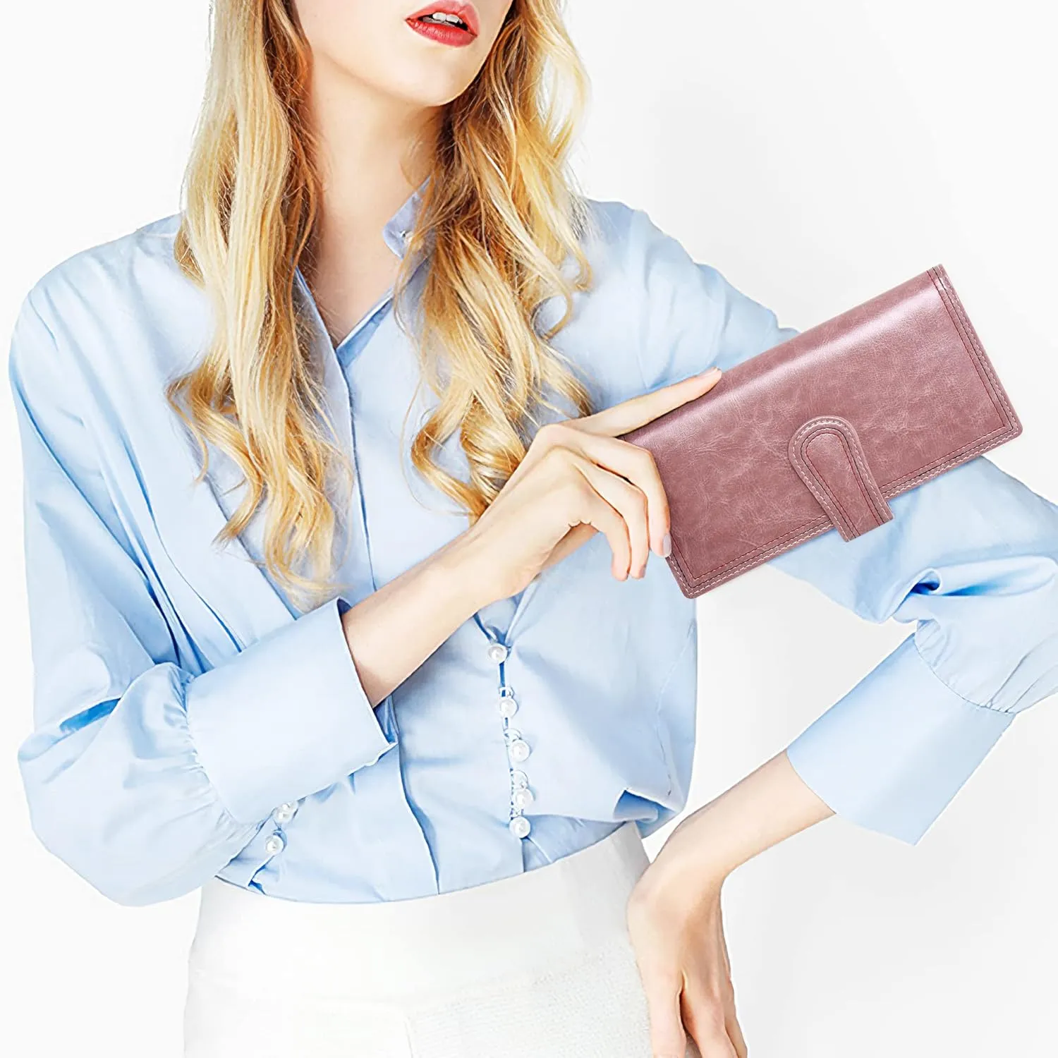 Leather Wallets for Women Large Capacity Credit Card Holder Ladies Travel Clutch Purse Bifold Oil Wax Wallet with Zipper Pocket
