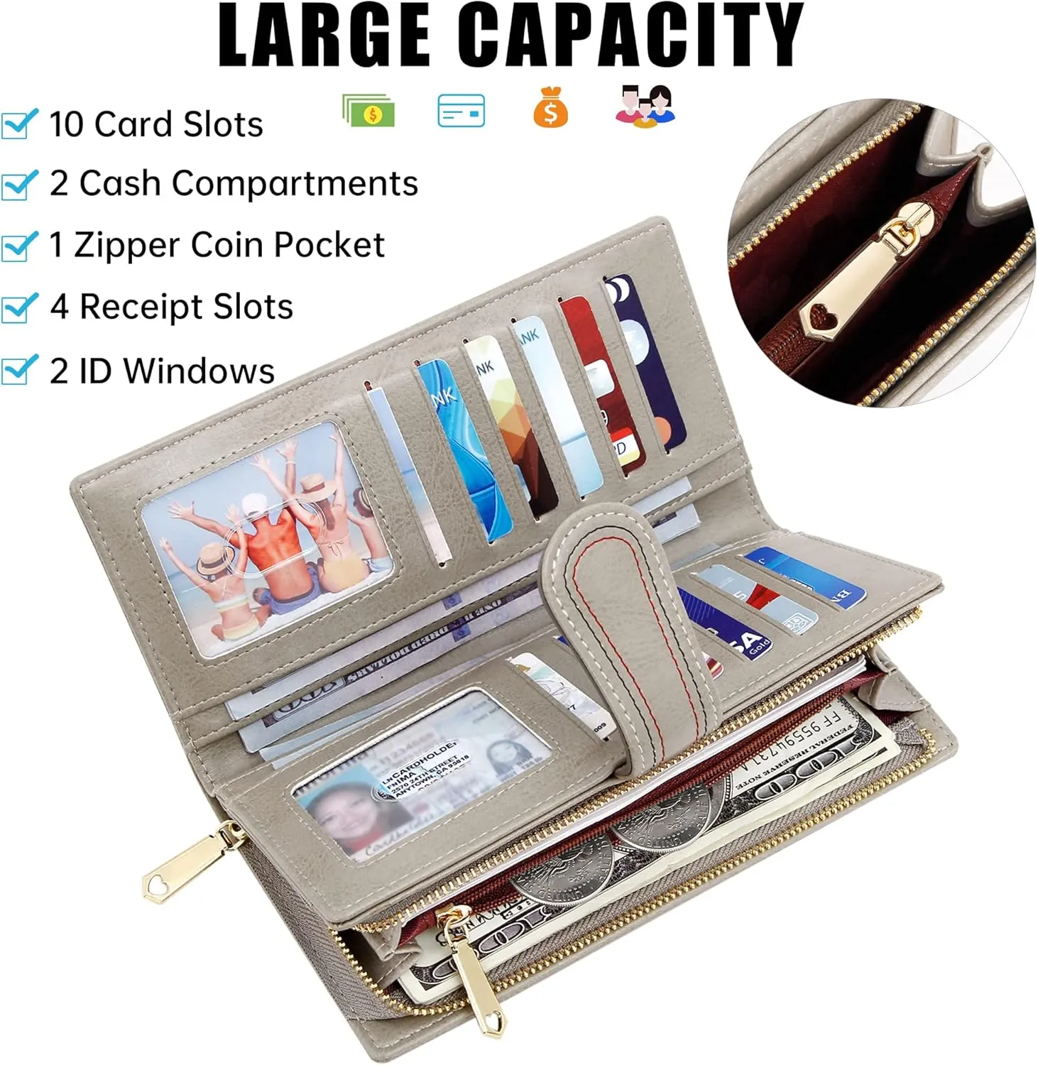 Leather Wallets for Women Large Capacity Credit Card Holder Ladies Travel Clutch Purse Bifold Oil Wax Wallet with Zipper Pocket