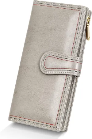 Leather Wallets for Women Large Capacity Credit Card Holder Ladies Travel Clutch Purse Bifold Oil Wax Wallet with Zipper Pocket