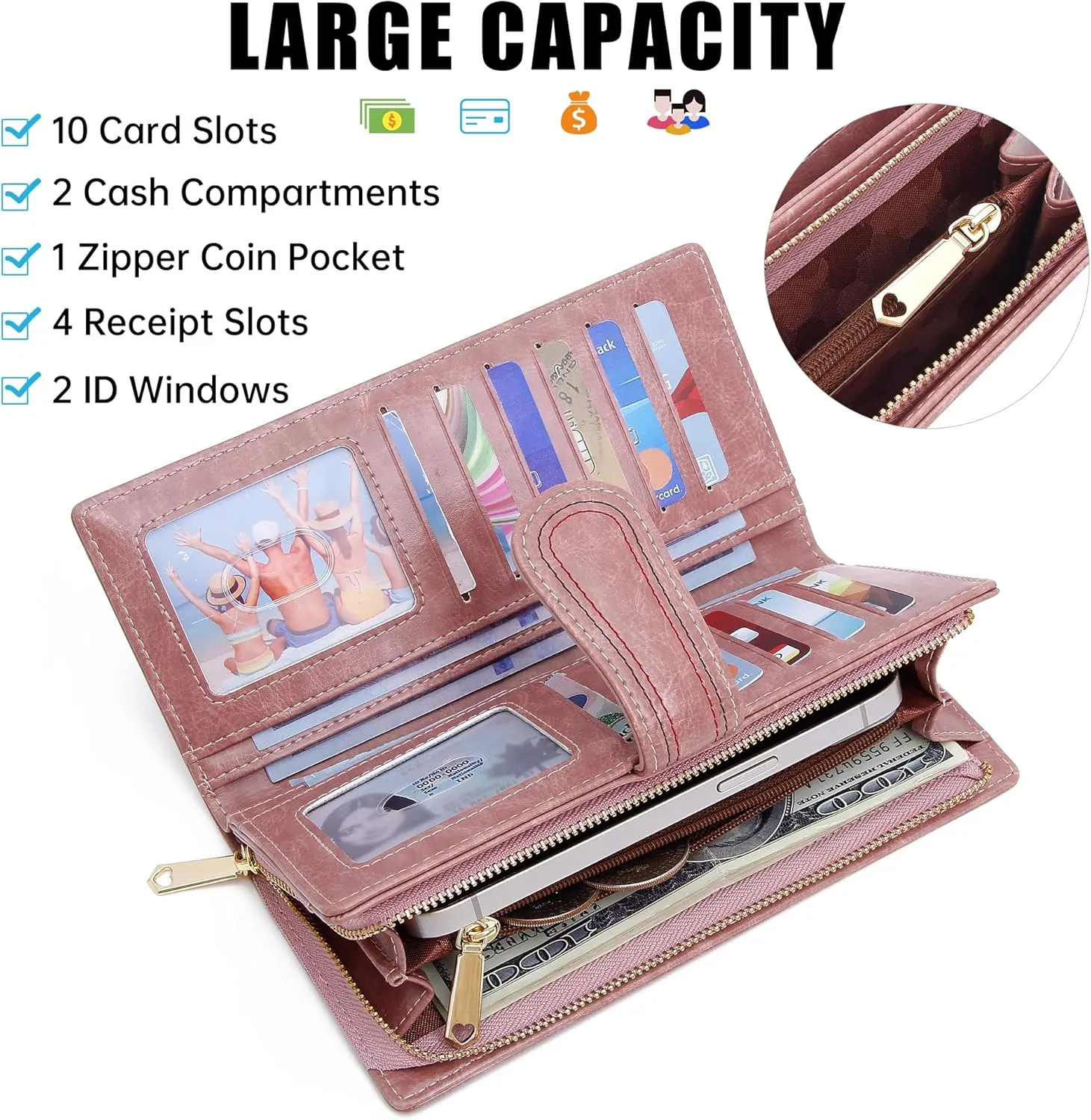 Leather Wallets for Women Large Capacity Credit Card Holder Ladies Travel Clutch Purse Bifold Oil Wax Wallet with Zipper Pocket