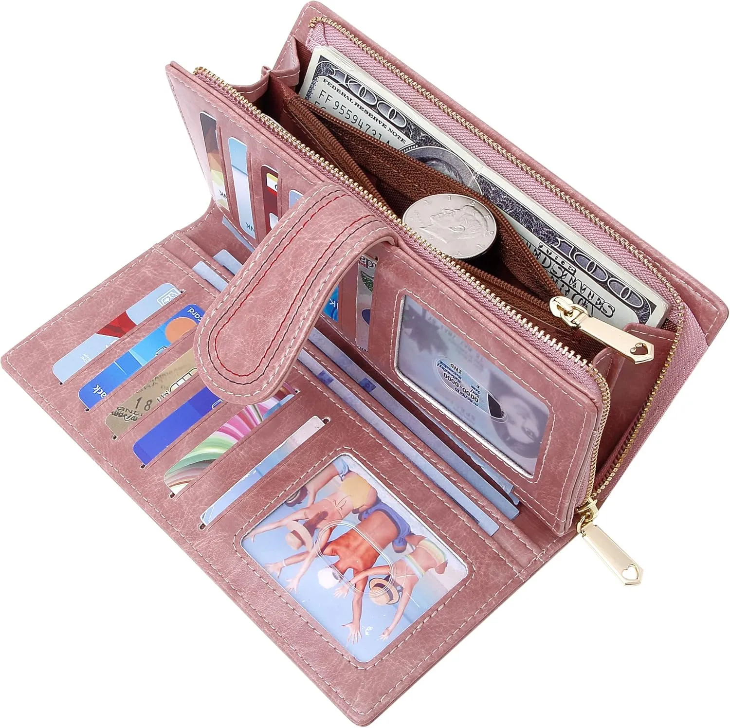 Leather Wallets for Women Large Capacity Credit Card Holder Ladies Travel Clutch Purse Bifold Oil Wax Wallet with Zipper Pocket