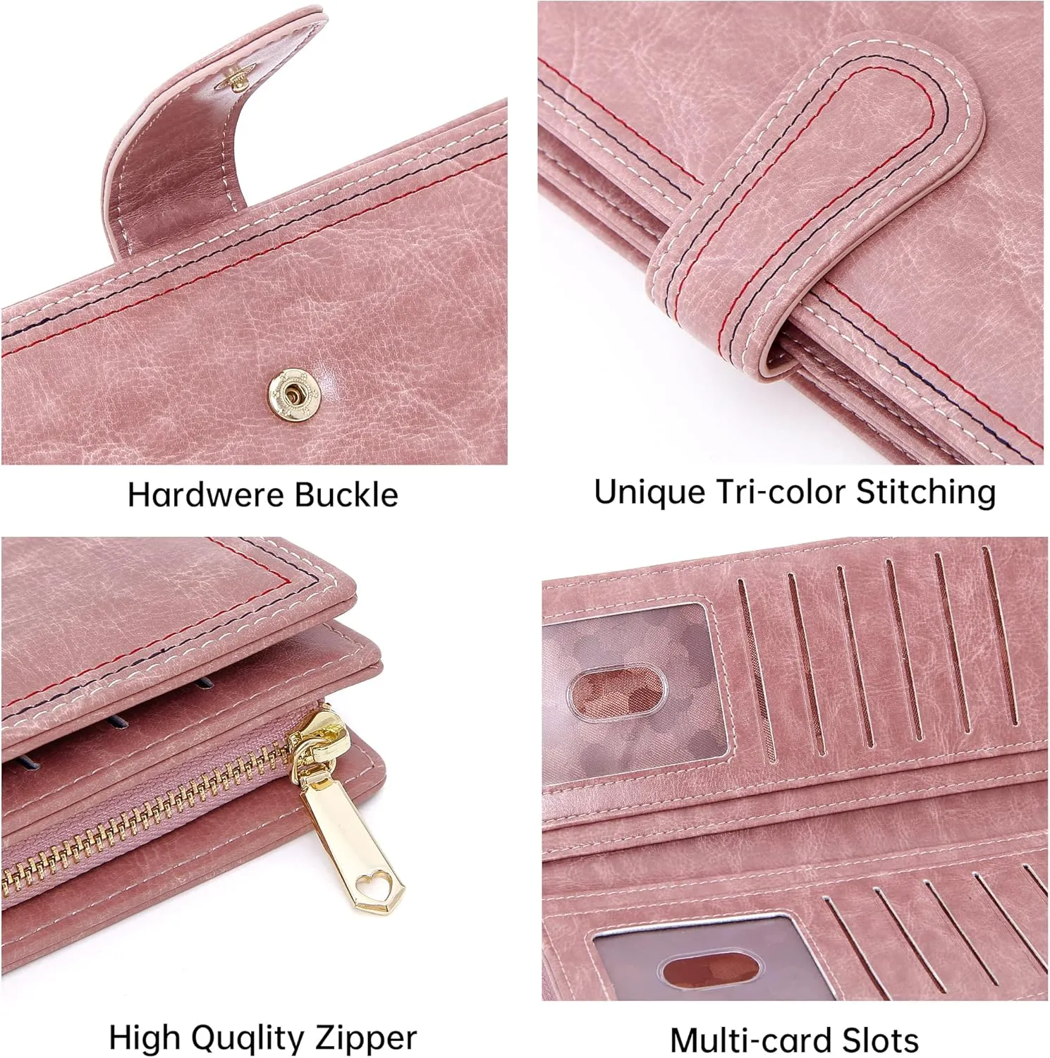 Leather Wallets for Women Large Capacity Credit Card Holder Ladies Travel Clutch Purse Bifold Oil Wax Wallet with Zipper Pocket