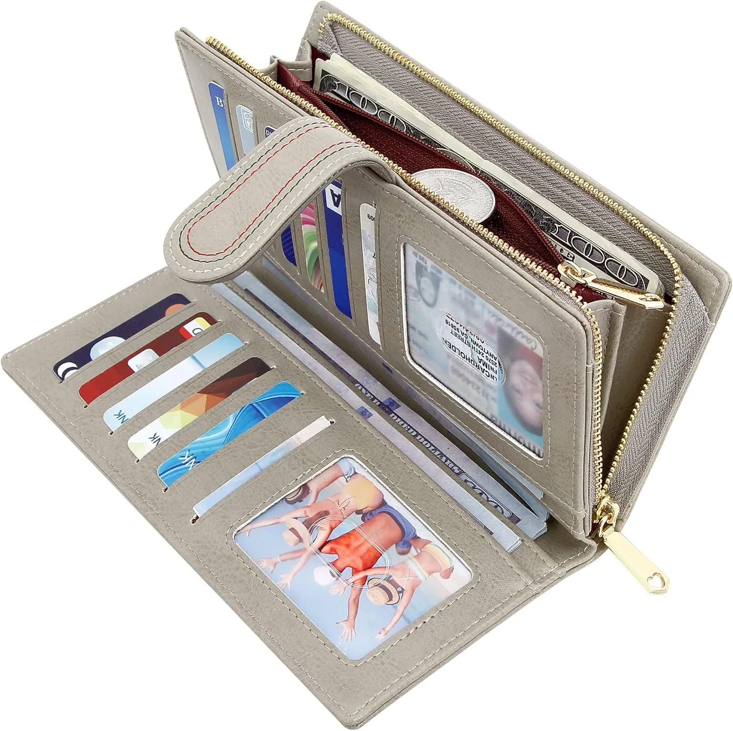 Leather Wallets for Women Large Capacity Credit Card Holder Ladies Travel Clutch Purse Bifold Oil Wax Wallet with Zipper Pocket