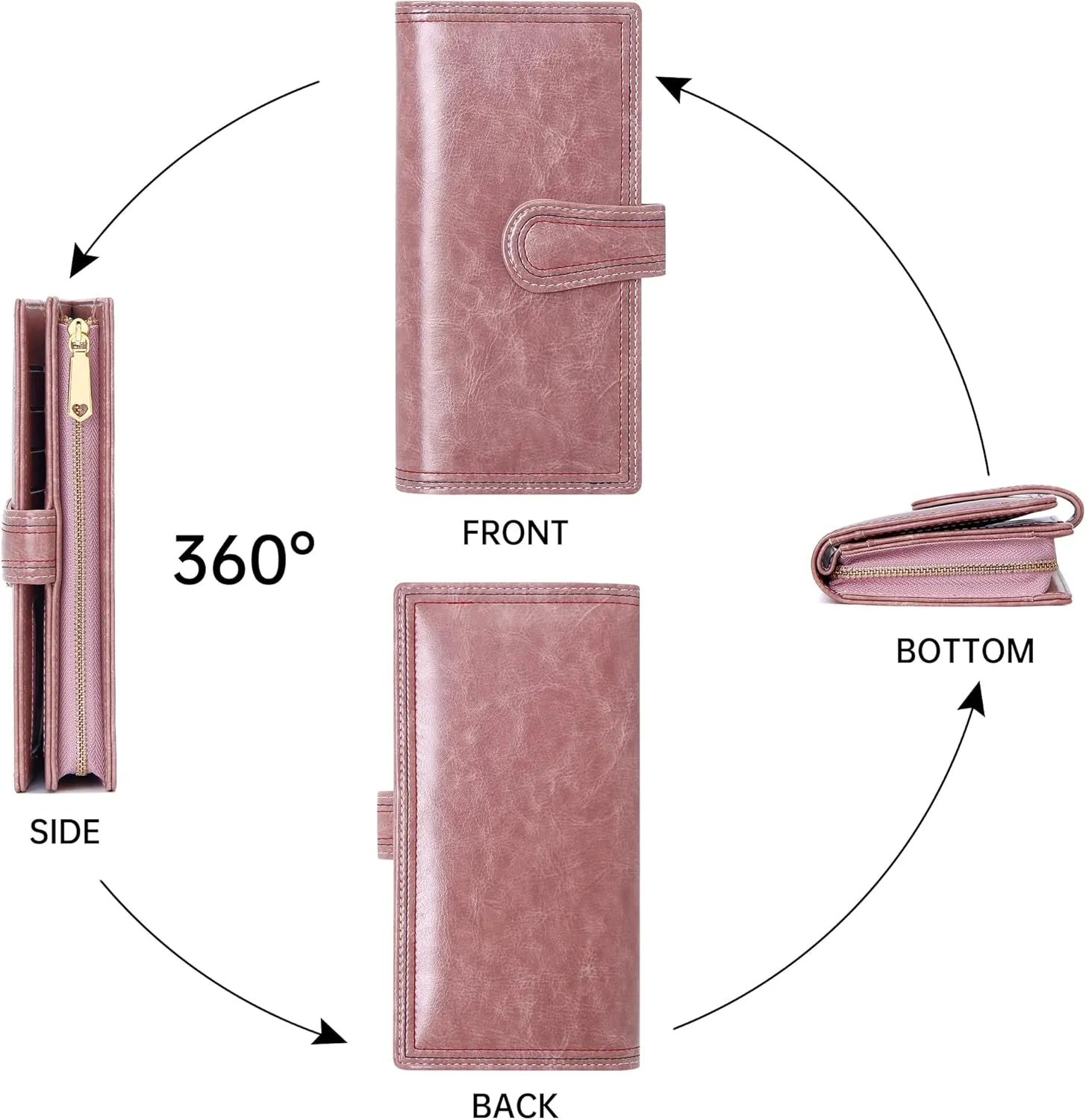 Leather Wallets for Women Large Capacity Credit Card Holder Ladies Travel Clutch Purse Bifold Oil Wax Wallet with Zipper Pocket
