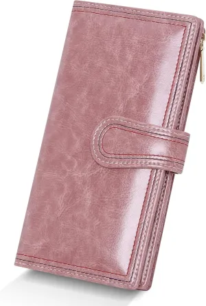 Leather Wallets for Women Large Capacity Credit Card Holder Ladies Travel Clutch Purse Bifold Oil Wax Wallet with Zipper Pocket