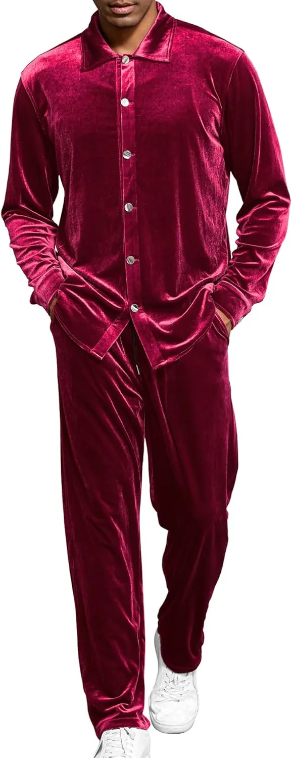 LecGee Men Fall Casual Sets Velvet Long Sleeve Button Down Shirt Elastic Waist Velour Pants 2 Piece Outfits Tracksuit