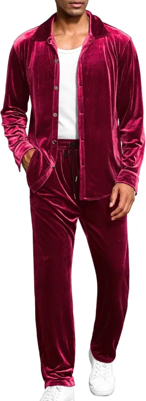 LecGee Men Fall Casual Sets Velvet Long Sleeve Button Down Shirt Elastic Waist Velour Pants 2 Piece Outfits Tracksuit