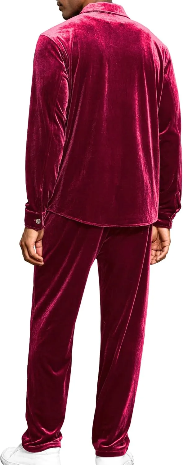 LecGee Men Fall Casual Sets Velvet Long Sleeve Button Down Shirt Elastic Waist Velour Pants 2 Piece Outfits Tracksuit