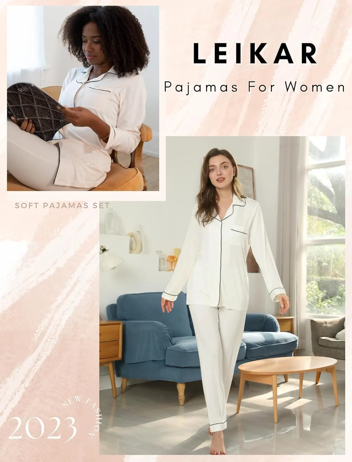 Leikar Button Up Pajama Set For Women Long Sleeve Shirt And Pajama Pants Soft Pjs Lounge Sets