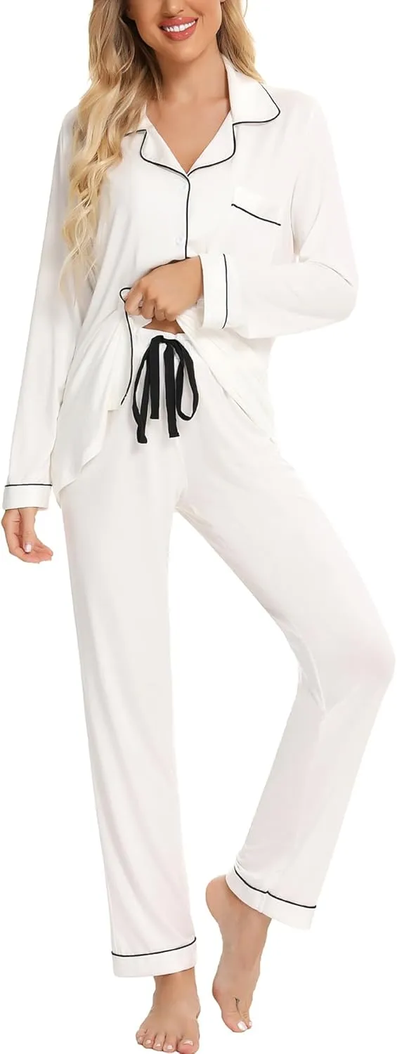 Leikar Button Up Pajama Set For Women Long Sleeve Shirt And Pajama Pants Soft Pjs Lounge Sets