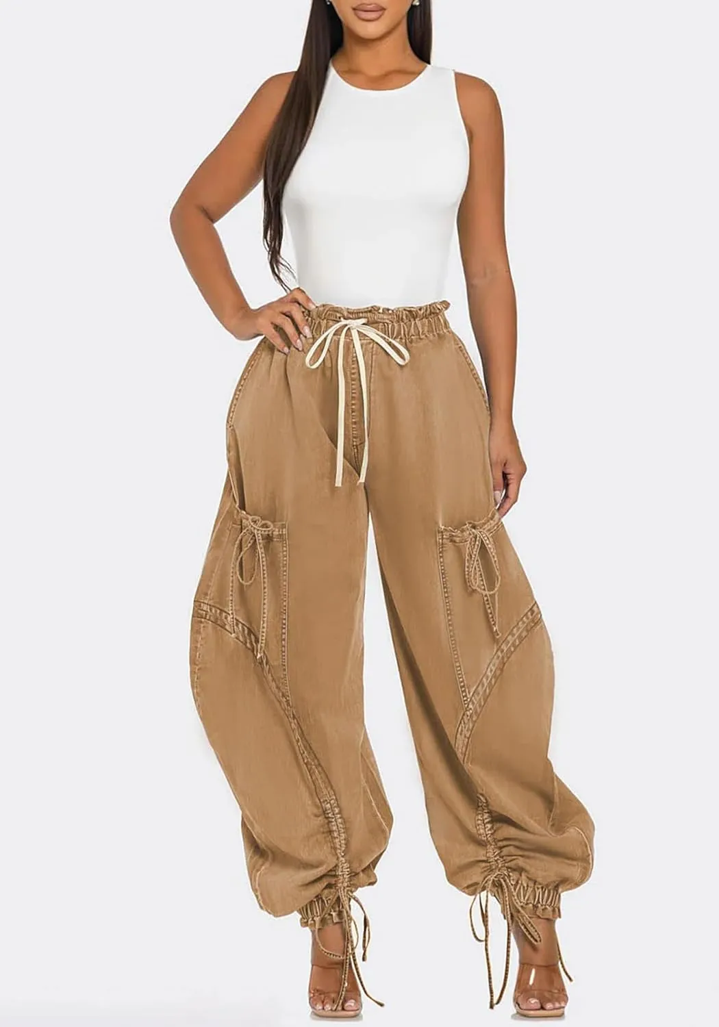 LETSVDO Women's Baggy Cargo Jogger Jeans High Waisted Wide Leg Drawstring Bow Pockets Loose Harem Denim Pant Sweatpants