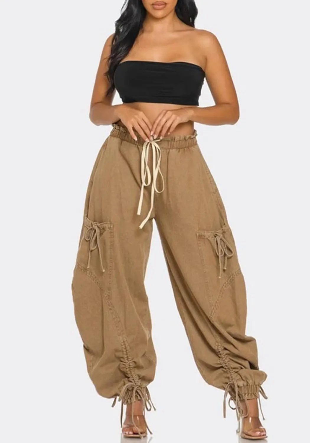 LETSVDO Women's Baggy Cargo Jogger Jeans High Waisted Wide Leg Drawstring Bow Pockets Loose Harem Denim Pant Sweatpants