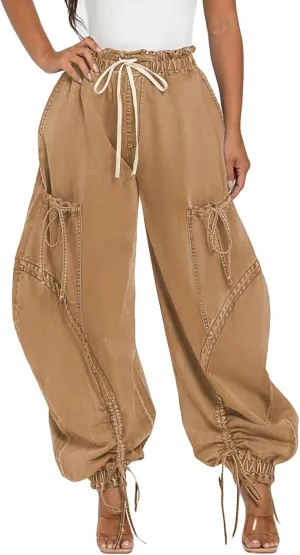 LETSVDO Women's Baggy Cargo Jogger Jeans High Waisted Wide Leg Drawstring Bow Pockets Loose Harem Denim Pant Sweatpants