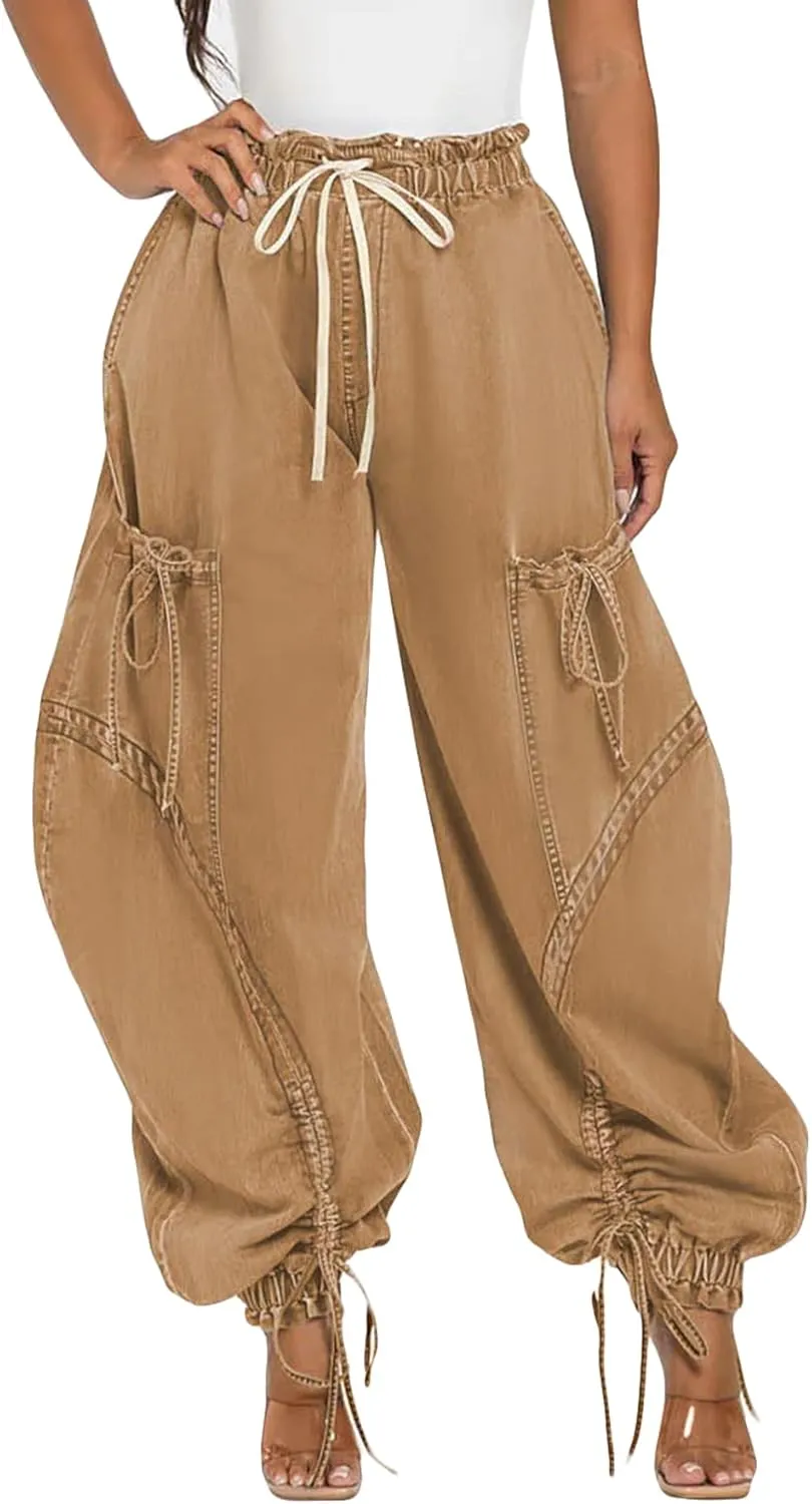 LETSVDO Women's Baggy Cargo Jogger Jeans High Waisted Wide Leg Drawstring Bow Pockets Loose Harem Denim Pant Sweatpants