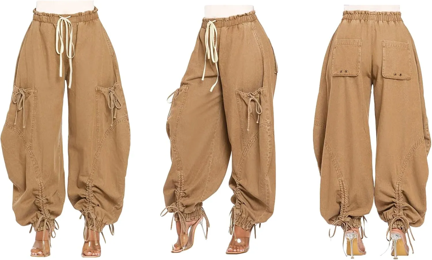 LETSVDO Women's Baggy Cargo Jogger Jeans High Waisted Wide Leg Drawstring Bow Pockets Loose Harem Denim Pant Sweatpants