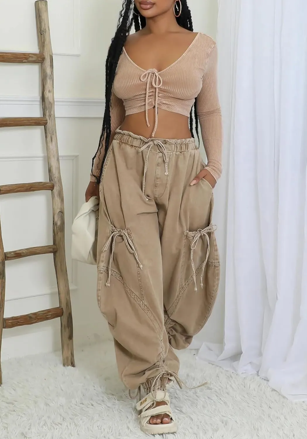 LETSVDO Women's Baggy Cargo Jogger Jeans High Waisted Wide Leg Drawstring Bow Pockets Loose Harem Denim Pant Sweatpants