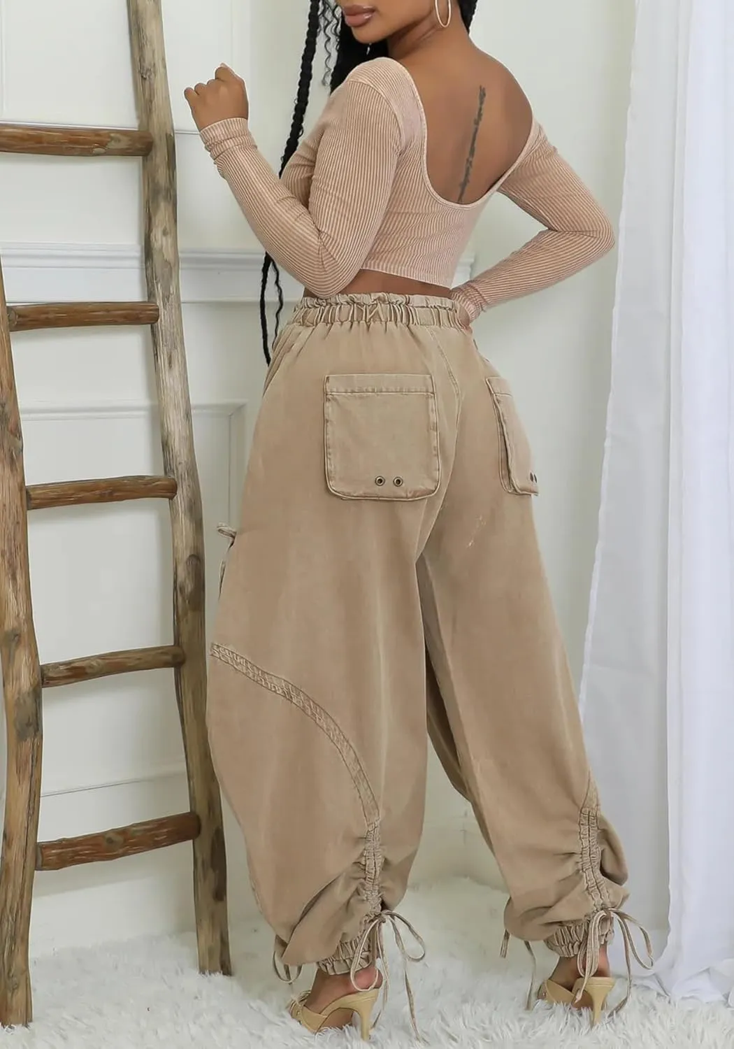 LETSVDO Women's Baggy Cargo Jogger Jeans High Waisted Wide Leg Drawstring Bow Pockets Loose Harem Denim Pant Sweatpants