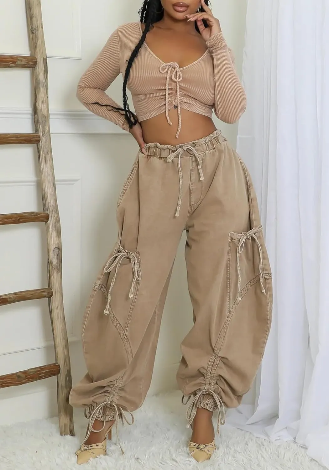 LETSVDO Women's Baggy Cargo Jogger Jeans High Waisted Wide Leg Drawstring Bow Pockets Loose Harem Denim Pant Sweatpants