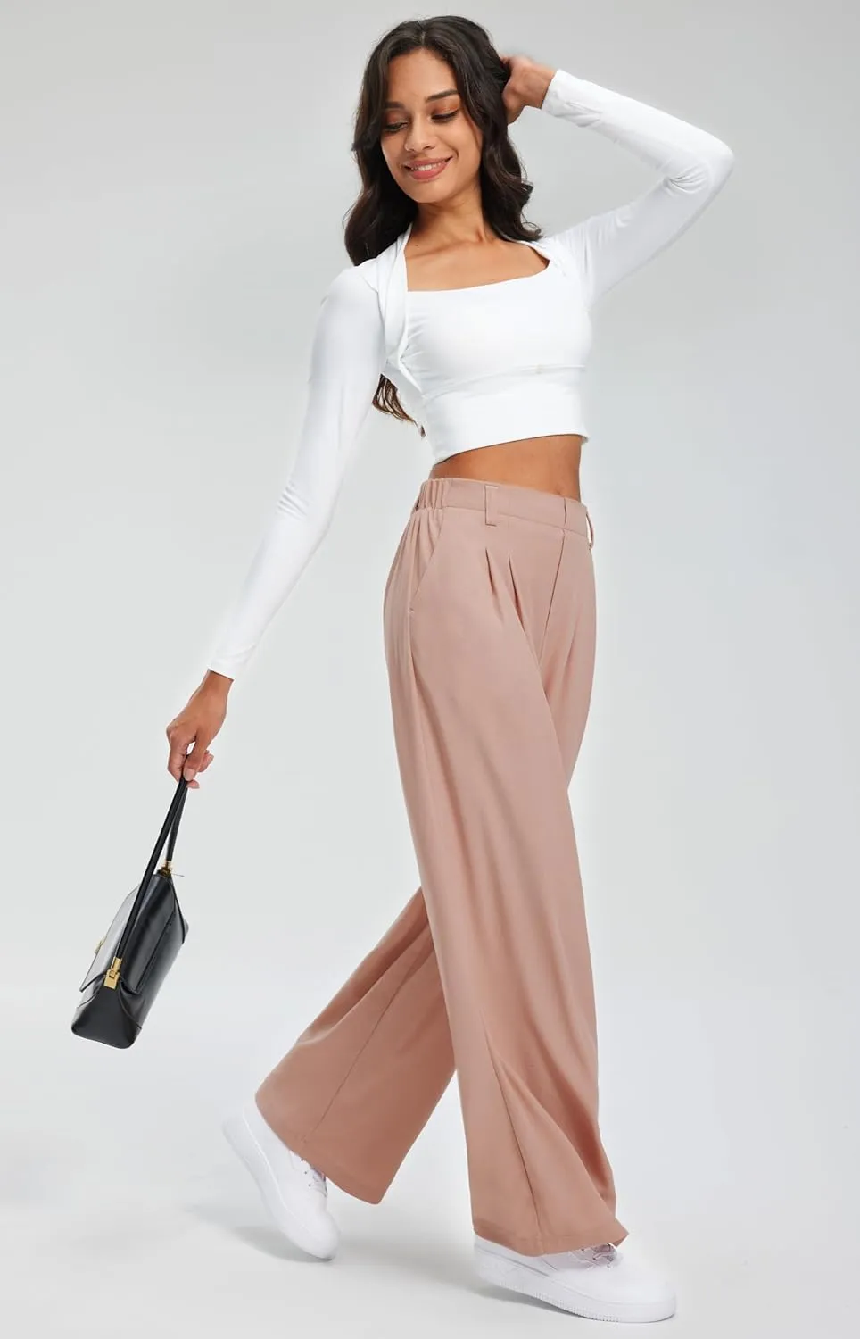 Libin Women's Wide Leg Pants 27"/29" High Waisted Waffle Knit Casual Slacks Work Pants Business Palazzo Trousers with Pockets