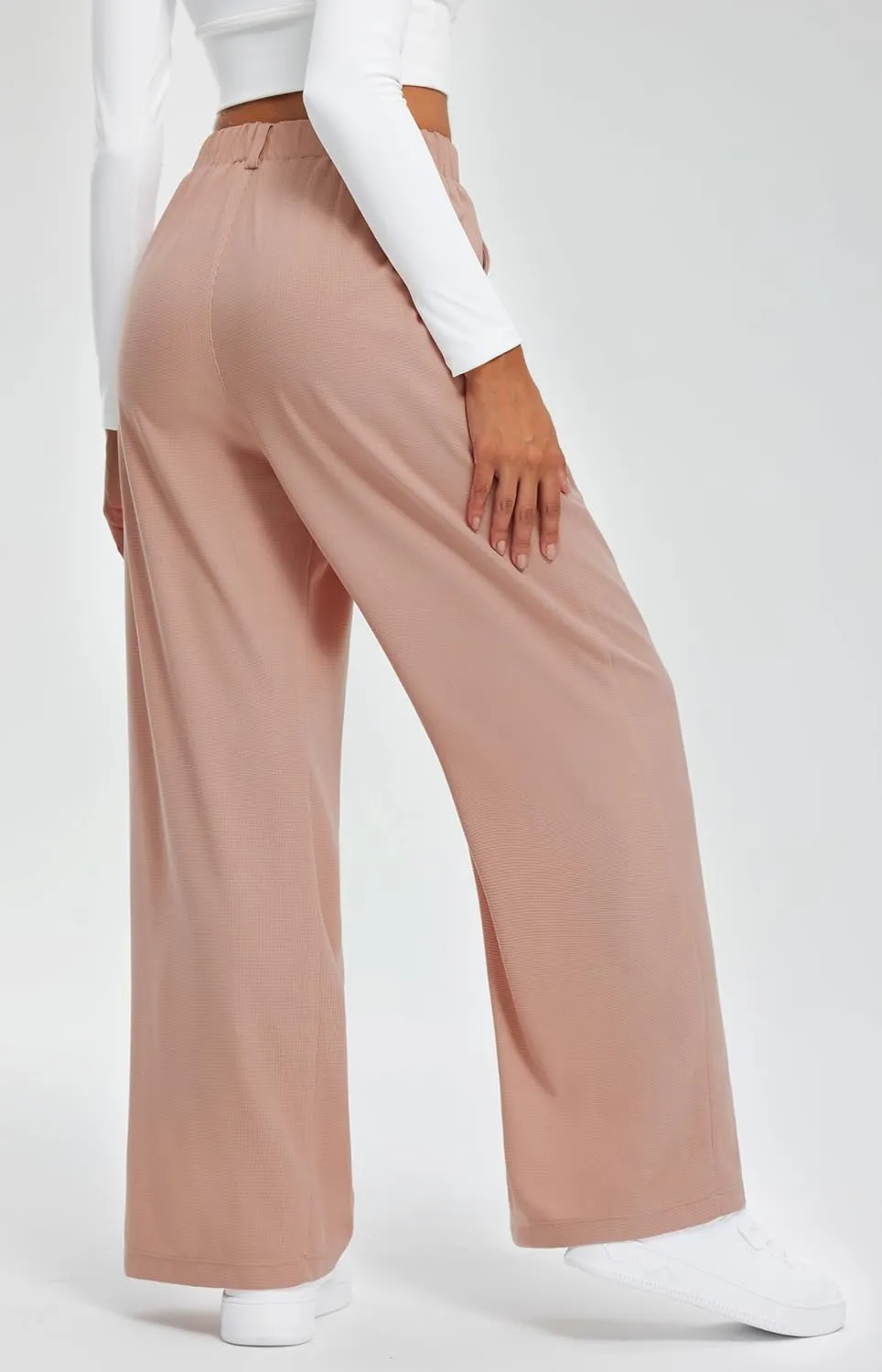 Libin Women's Wide Leg Pants 27"/29" High Waisted Waffle Knit Casual Slacks Work Pants Business Palazzo Trousers with Pockets