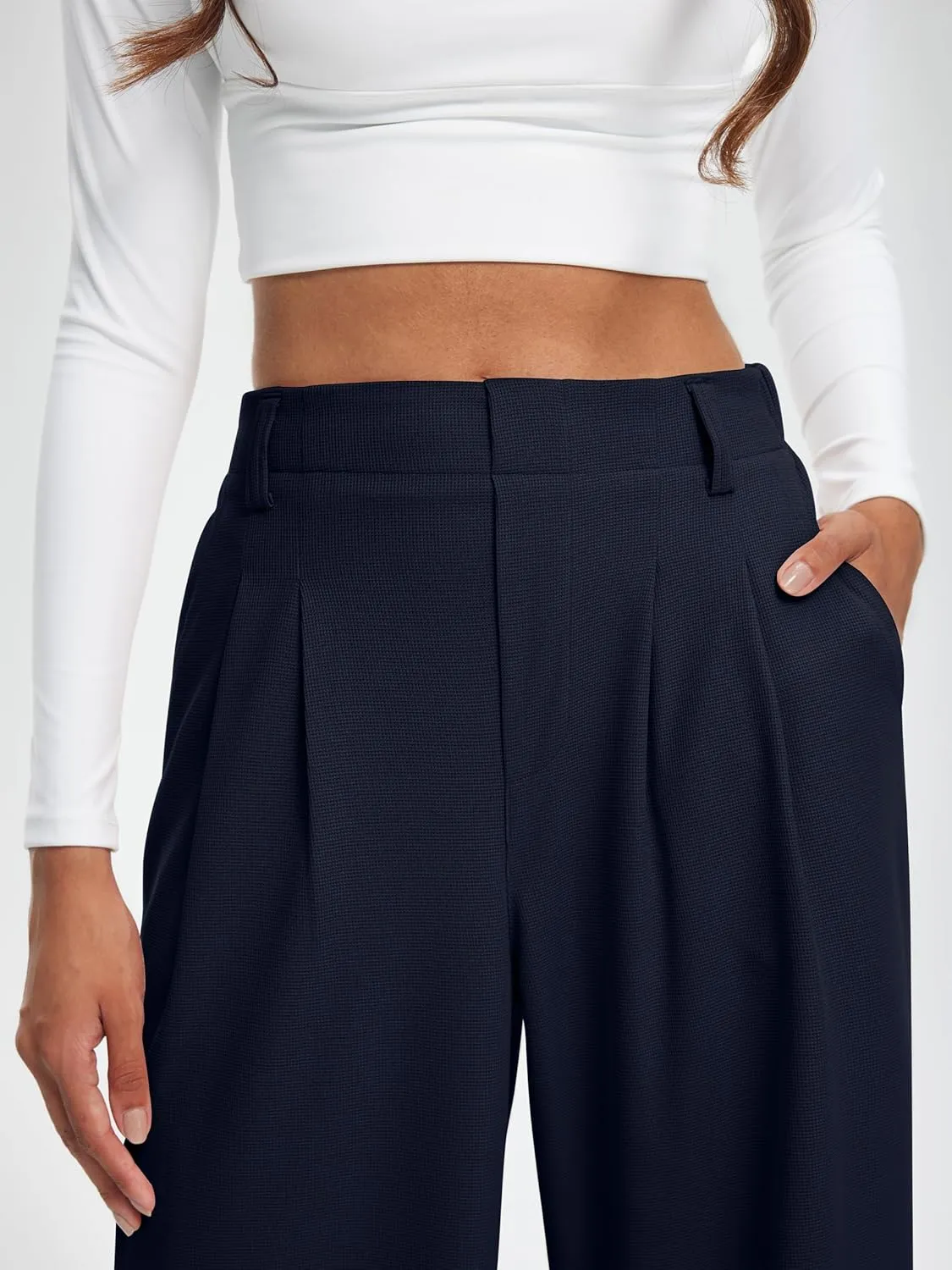 Libin Women's Wide Leg Pants 27"/29" High Waisted Waffle Knit Casual Slacks Work Pants Business Palazzo Trousers with Pockets