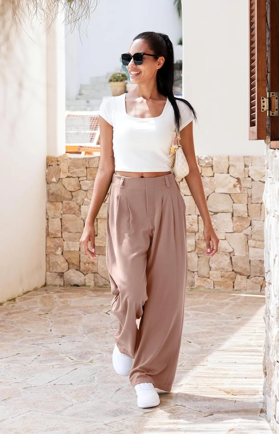 Libin Women's Wide Leg Pants 27"/29" High Waisted Waffle Knit Casual Slacks Work Pants Business Palazzo Trousers with Pockets