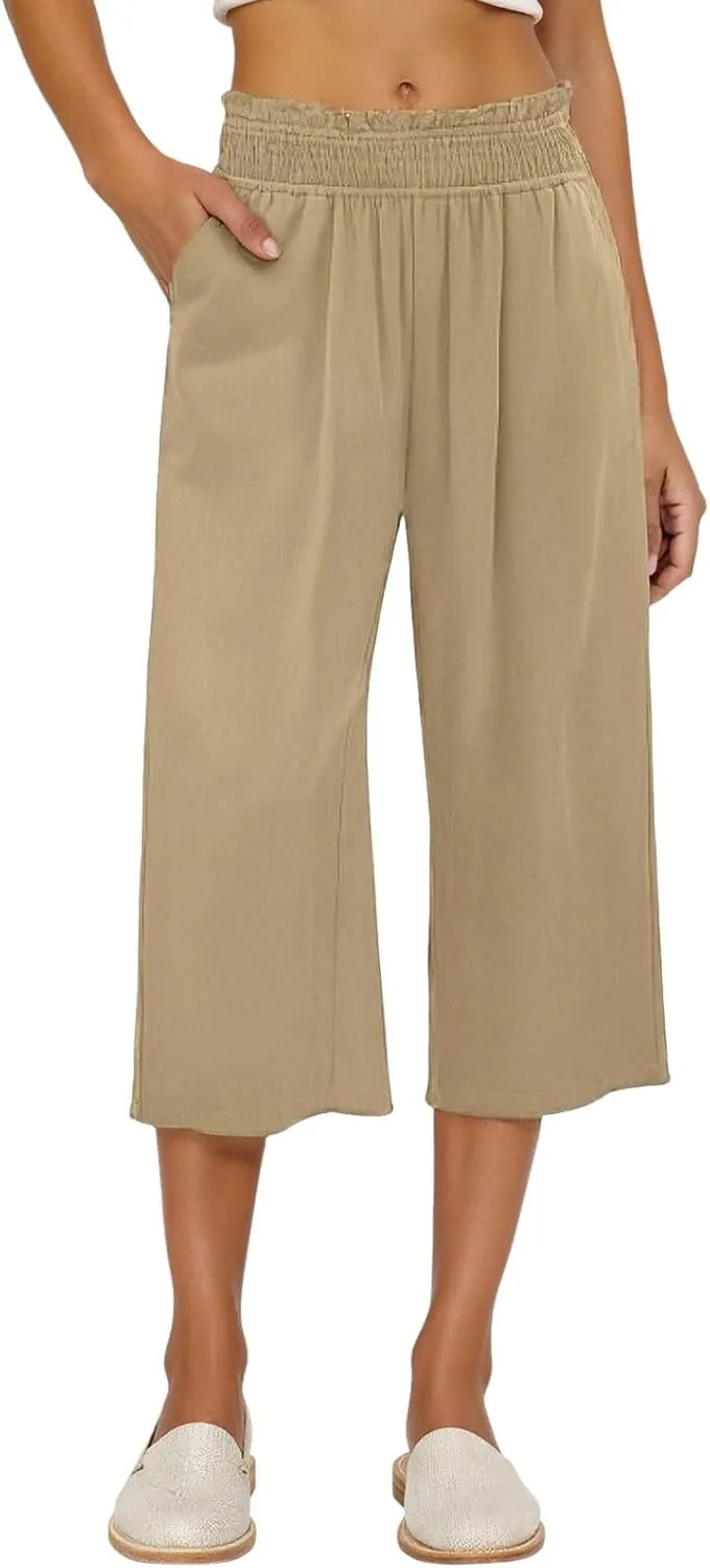 Linen Capri Pants for Women Casual Summer Trendy Plus Size Capris High Waist Lightweight Wide Leg Cropped Trousers