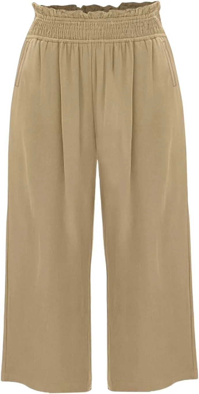 Linen Capri Pants for Women Casual Summer Trendy Plus Size Capris High Waist Lightweight Wide Leg Cropped Trousers