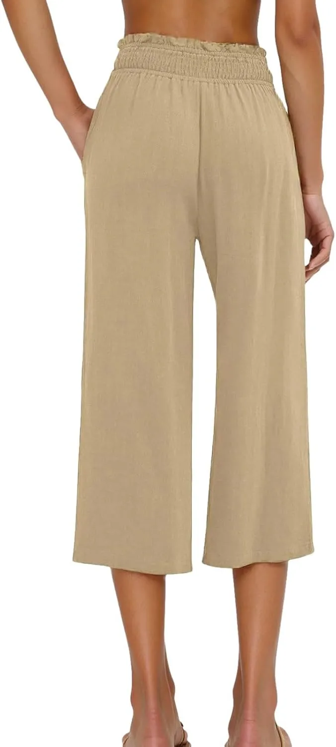 Linen Capri Pants for Women Casual Summer Trendy Plus Size Capris High Waist Lightweight Wide Leg Cropped Trousers
