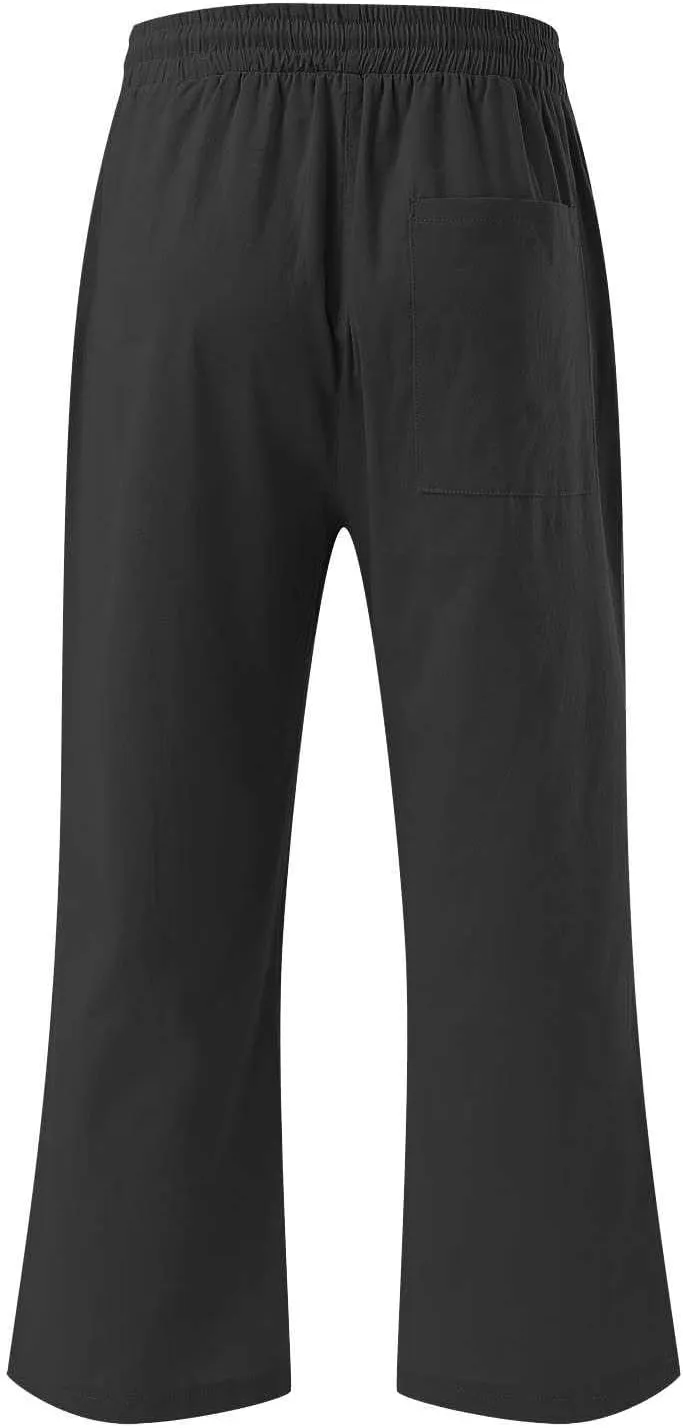 Linen Capri Pants for Women Cotton Casual Summer Capris High Waist Wide Leg Loose Drawstring Elastic Cropped Trousers