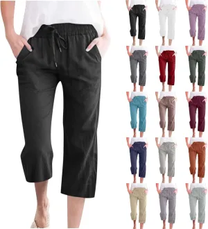 Linen Capri Pants for Women Cotton Casual Summer Capris High Waist Wide Leg Loose Drawstring Elastic Cropped Trousers