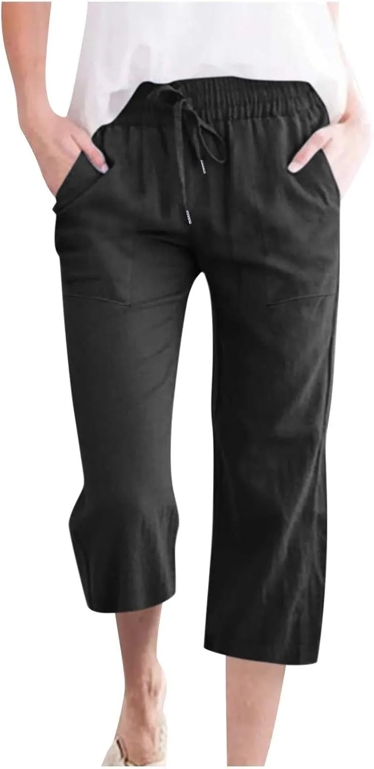 Linen Capri Pants for Women Cotton Casual Summer Capris High Waist Wide Leg Loose Drawstring Elastic Cropped Trousers