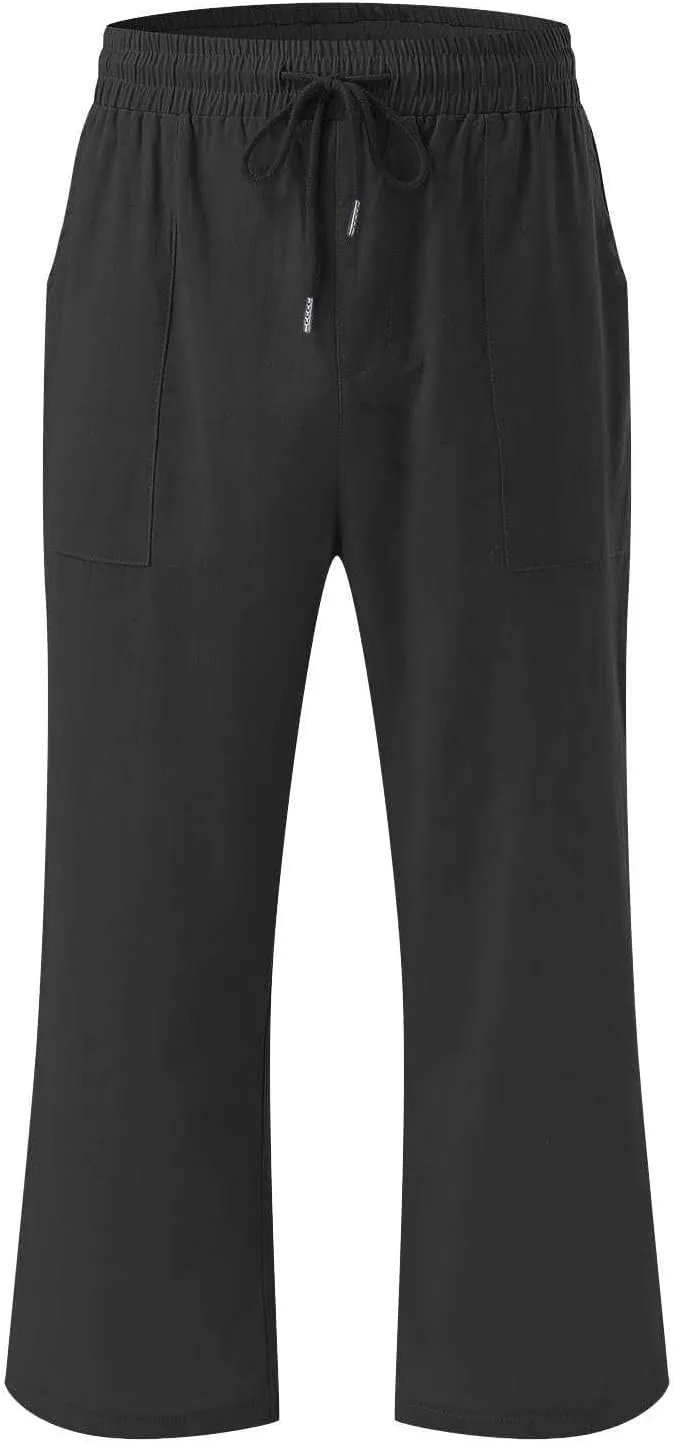 Linen Capri Pants for Women Cotton Casual Summer Capris High Waist Wide Leg Loose Drawstring Elastic Cropped Trousers