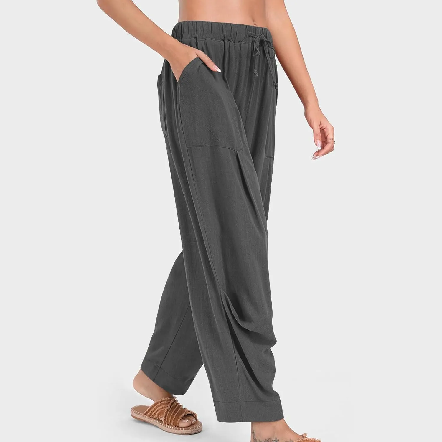 Linen Pants for Women Pleated Elastic Waist Drawstring Womens Summer Pants with Pockets High Waisted Palazzo Trousers