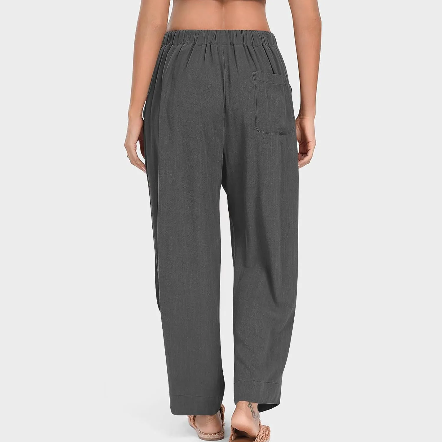 Linen Pants for Women Pleated Elastic Waist Drawstring Womens Summer Pants with Pockets High Waisted Palazzo Trousers