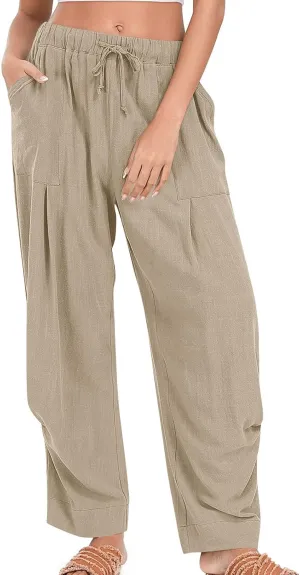 Linen Pants for Women Pleated Elastic Waist Drawstring Womens Summer Pants with Pockets High Waisted Palazzo Trousers