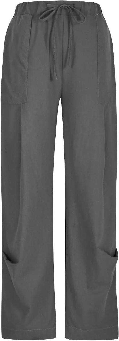 Linen Pants for Women Pleated Elastic Waist Drawstring Womens Summer Pants with Pockets High Waisted Palazzo Trousers