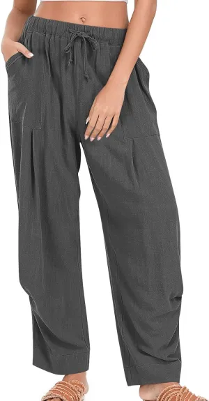 Linen Pants for Women Pleated Elastic Waist Drawstring Womens Summer Pants with Pockets High Waisted Palazzo Trousers