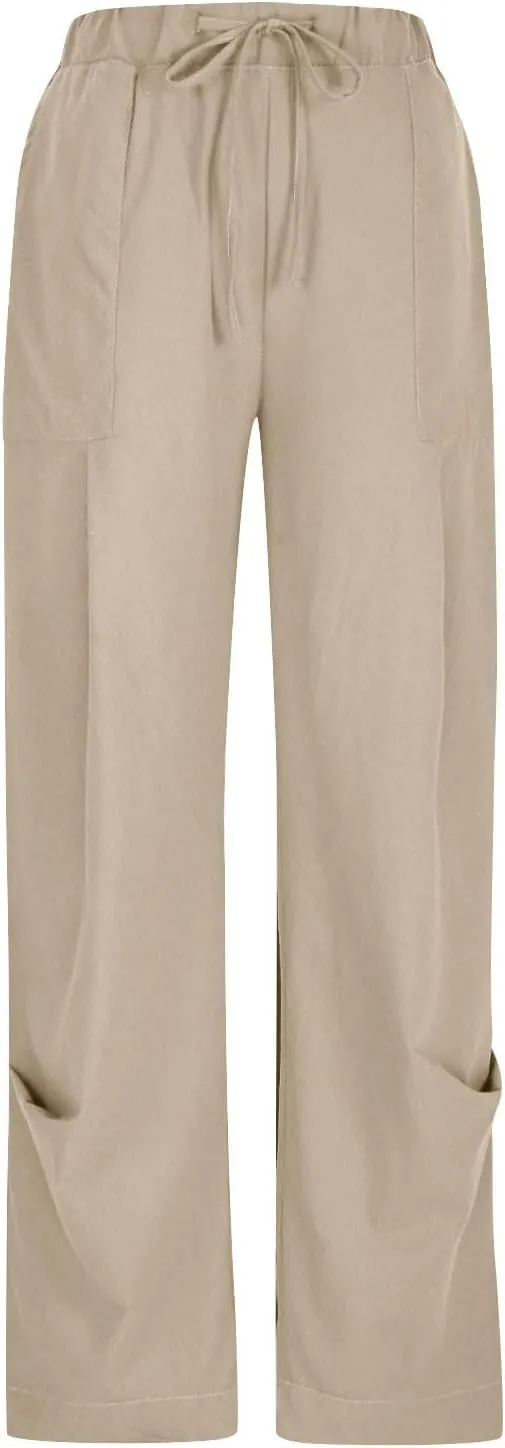 Linen Pants for Women Pleated Elastic Waist Drawstring Womens Summer Pants with Pockets High Waisted Palazzo Trousers