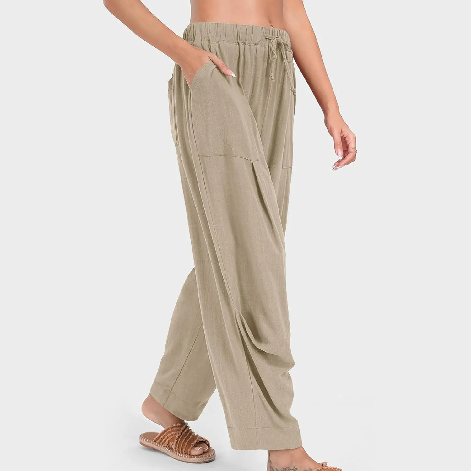 Linen Pants for Women Pleated Elastic Waist Drawstring Womens Summer Pants with Pockets High Waisted Palazzo Trousers