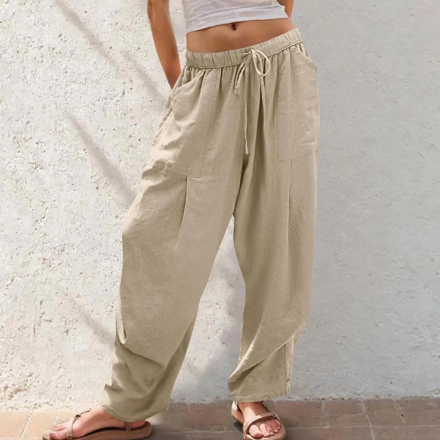 Linen Pants for Women Pleated Elastic Waist Drawstring Womens Summer Pants with Pockets High Waisted Palazzo Trousers