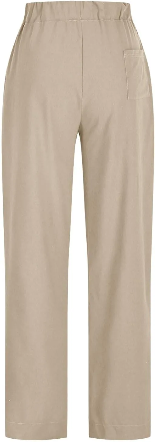 Linen Pants for Women Pleated Elastic Waist Drawstring Womens Summer Pants with Pockets High Waisted Palazzo Trousers