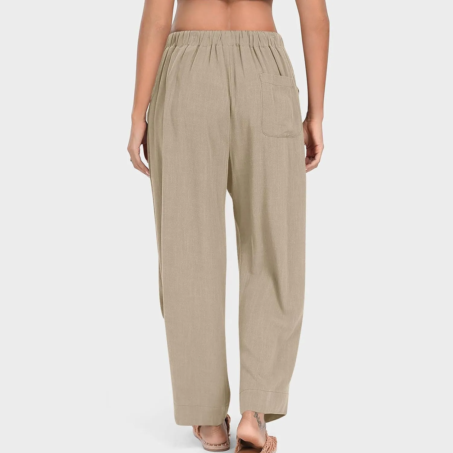 Linen Pants for Women Pleated Elastic Waist Drawstring Womens Summer Pants with Pockets High Waisted Palazzo Trousers