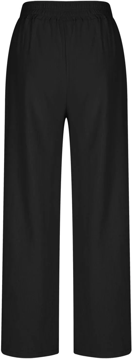 Linen Pants for Women Pleated Wide Leg Womens Lounge Pants Summer Flowy Beach Casual Loose Trousers with Pockets