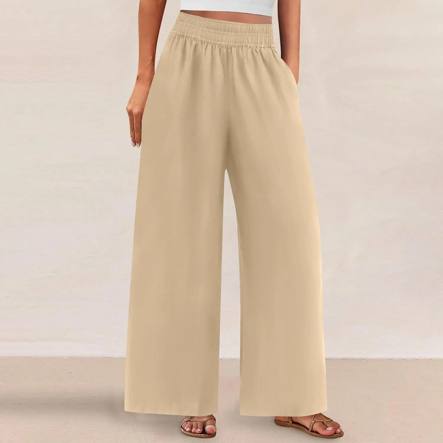 Linen Pants for Women Pleated Wide Leg Womens Lounge Pants Summer Flowy Beach Casual Loose Trousers with Pockets