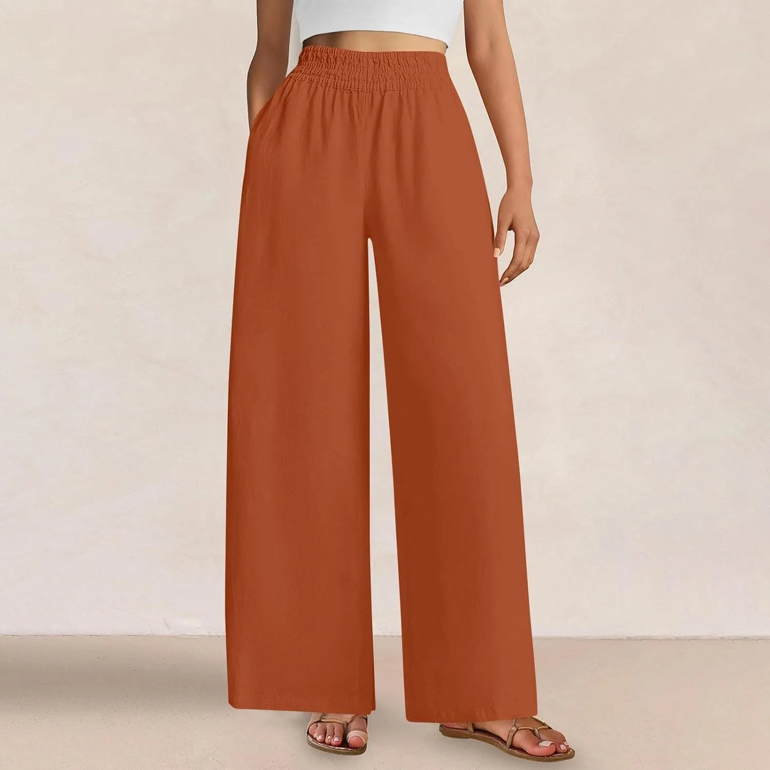 Linen Pants for Women Pleated Wide Leg Womens Lounge Pants Summer Flowy Beach Casual Loose Trousers with Pockets