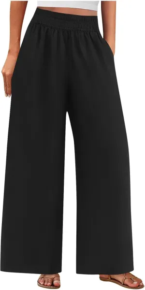 Linen Pants for Women Pleated Wide Leg Womens Lounge Pants Summer Flowy Beach Casual Loose Trousers with Pockets