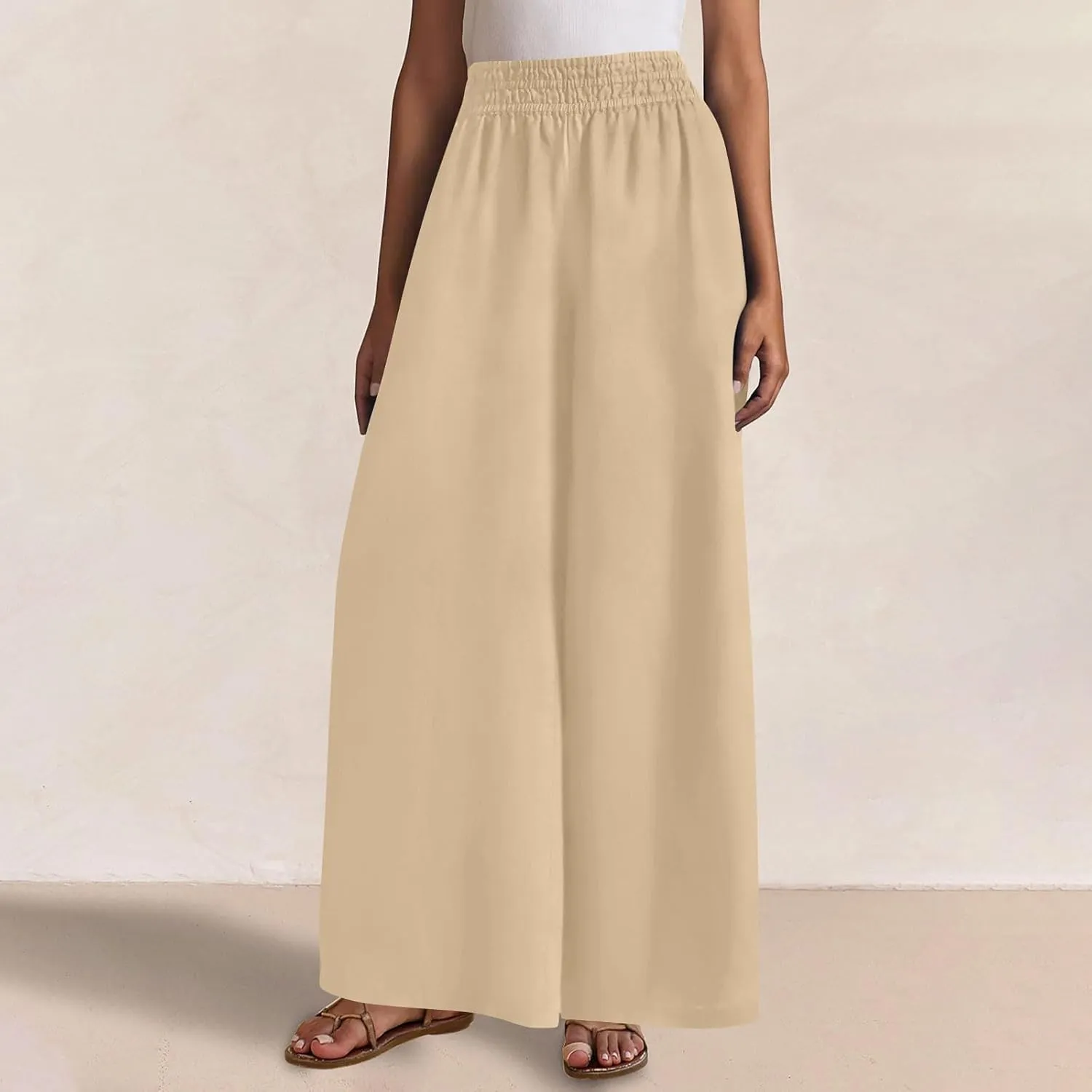 Linen Pants for Women Pleated Wide Leg Womens Lounge Pants Summer Flowy Beach Casual Loose Trousers with Pockets